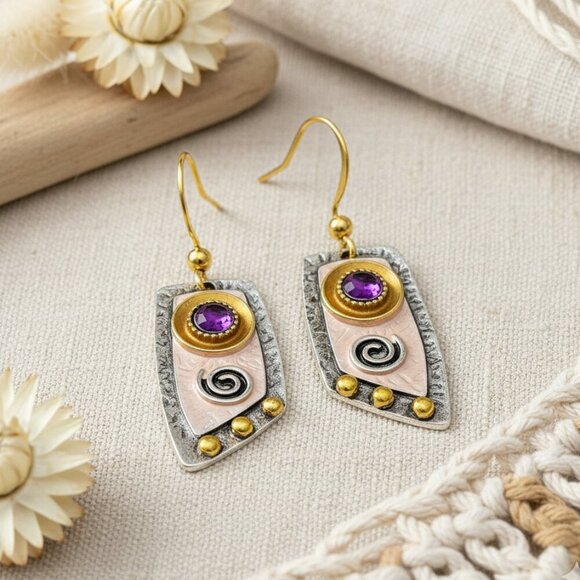 Bohemian Glam - Purple Gem & Spirals Dangle Trendy Fashion Earrings 🌈🌟 - Picture 8 of 11
